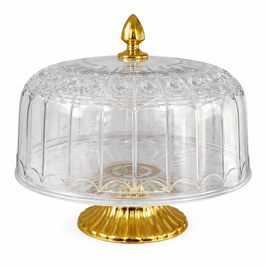 🍰 Expositor Redondo de Plástico con Tapa y Base Dorada – Elegancia para tus Postres ✨