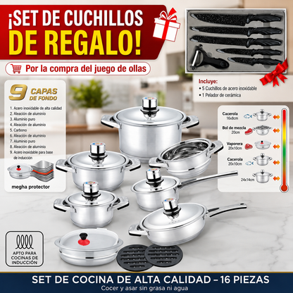 🥘 Batería de Cocina Premium de Acero Inoxidable con Control de Temperatura – 9 Piezas