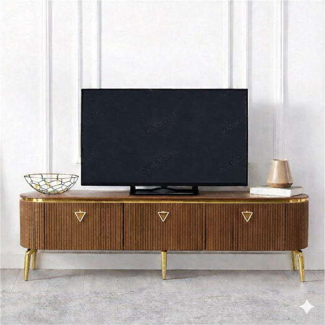 Mesa de TV com lareira digital - Branco com detalhes dourados