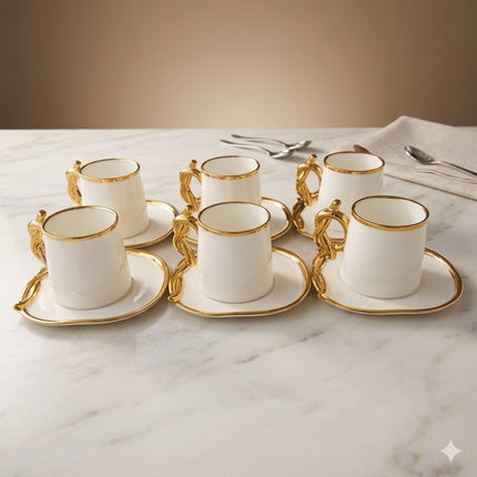 ☕ Conjunto de 6 xícaras com pires – Design elegante com detalhes dourados ✨