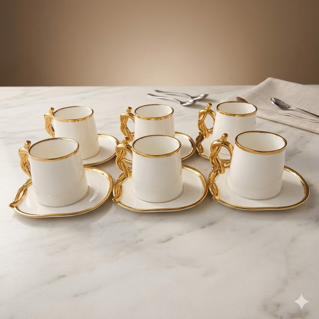 ☕ Conjunto de 6 xícaras com pires – Design elegante com detalhes dourados ✨