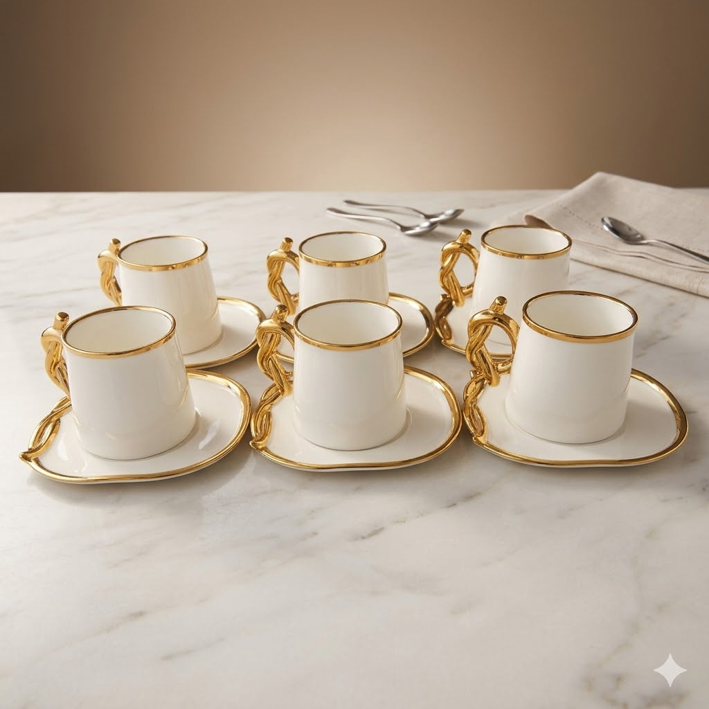 ☕ Conjunto de 6 xícaras com pires – Design elegante com detalhes dourados ✨