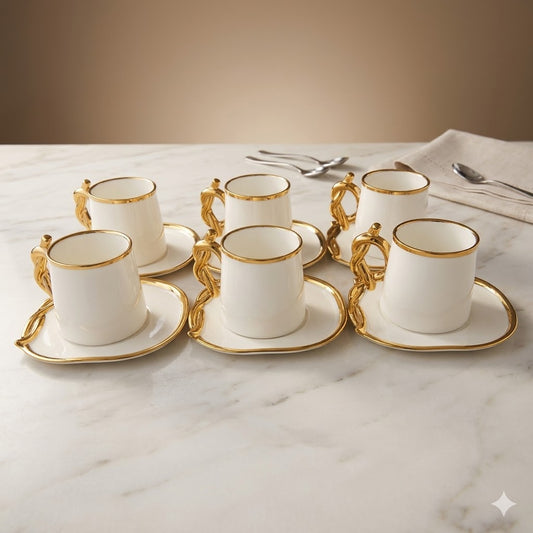☕ Set of 6 Cups and Saucers – Elegant Design with Gold Details ✨