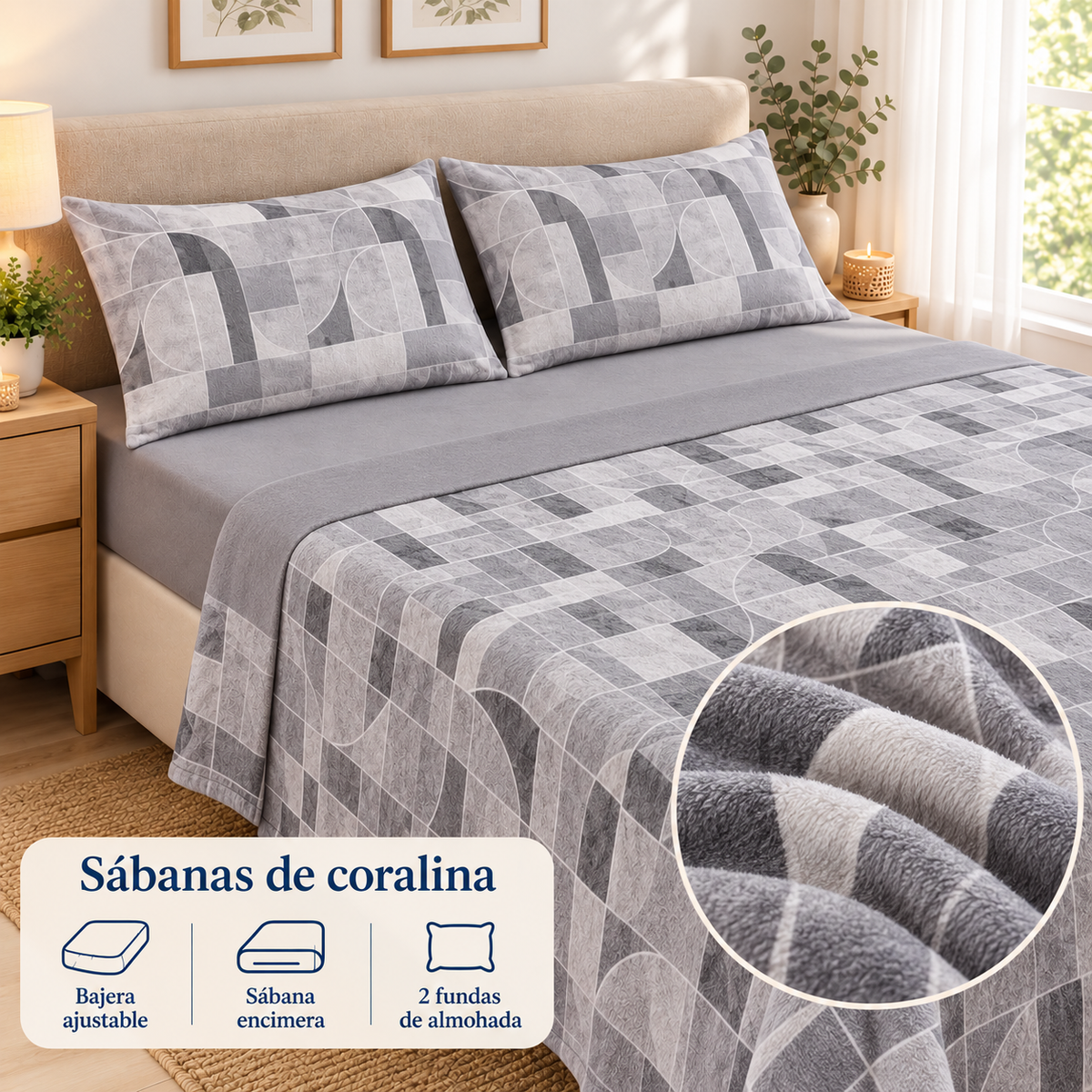 Sábanas de coralina Geométrico – Gris; ambientación y detalle ilustrativo del tejido