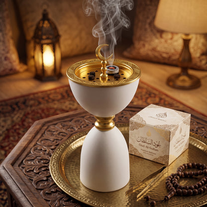 Incensário árabe branco e dourado com lua crescente — Design clássico e luxuoso 📝 Descrição do produto: