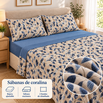 Sábanas de coralina Hojas – Azul; ambientación y detalle ilustrativo del tejido