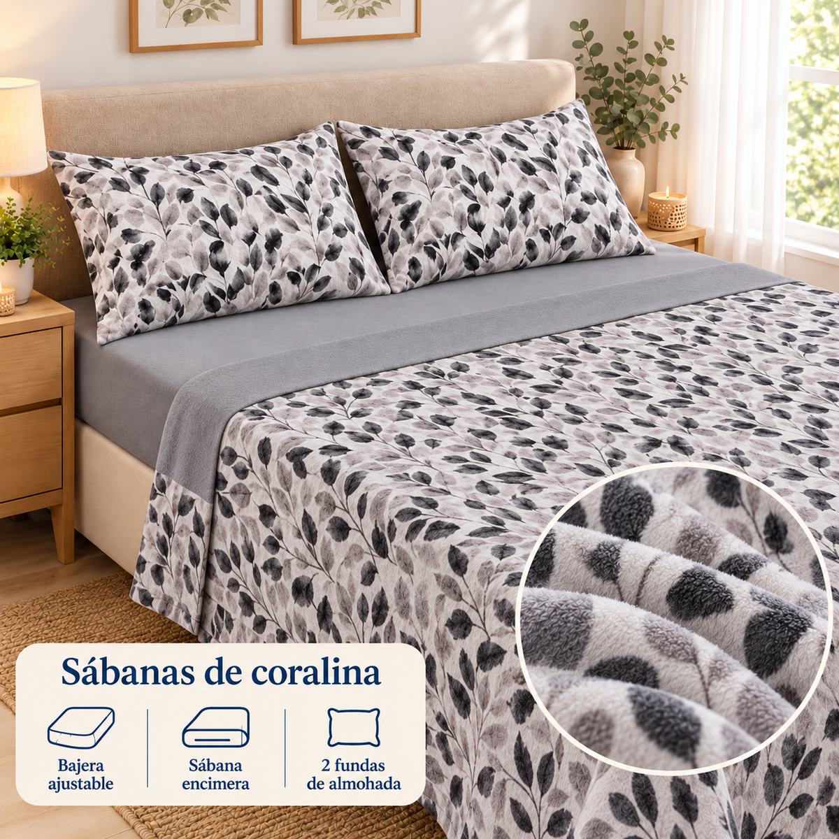 Sábanas de coralina Hojas – Gris; ambientación y detalle ilustrativo del tejido