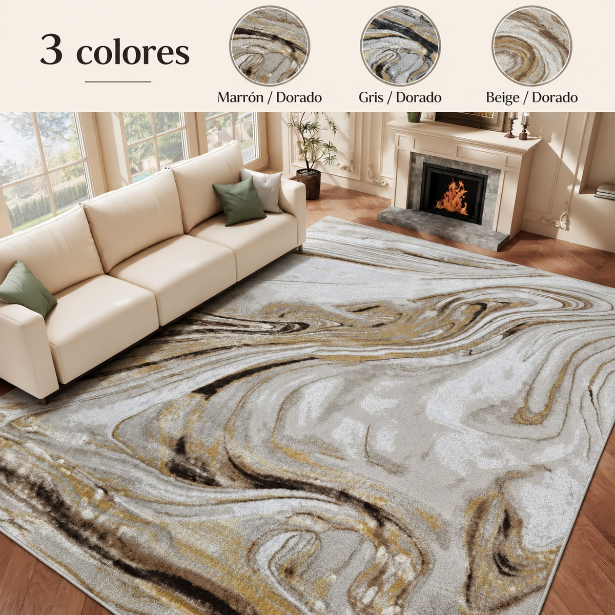 Alfombra Mármol Infinity con Detalles Dorados — 3 colores: Marrón / Dorado, Beige / Dorado, Gris / Dorado