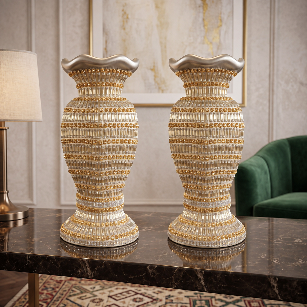 Pack de 2 — Jarrón Decorativo de Lujo Plateado con Detalles Dorados – 41 cm