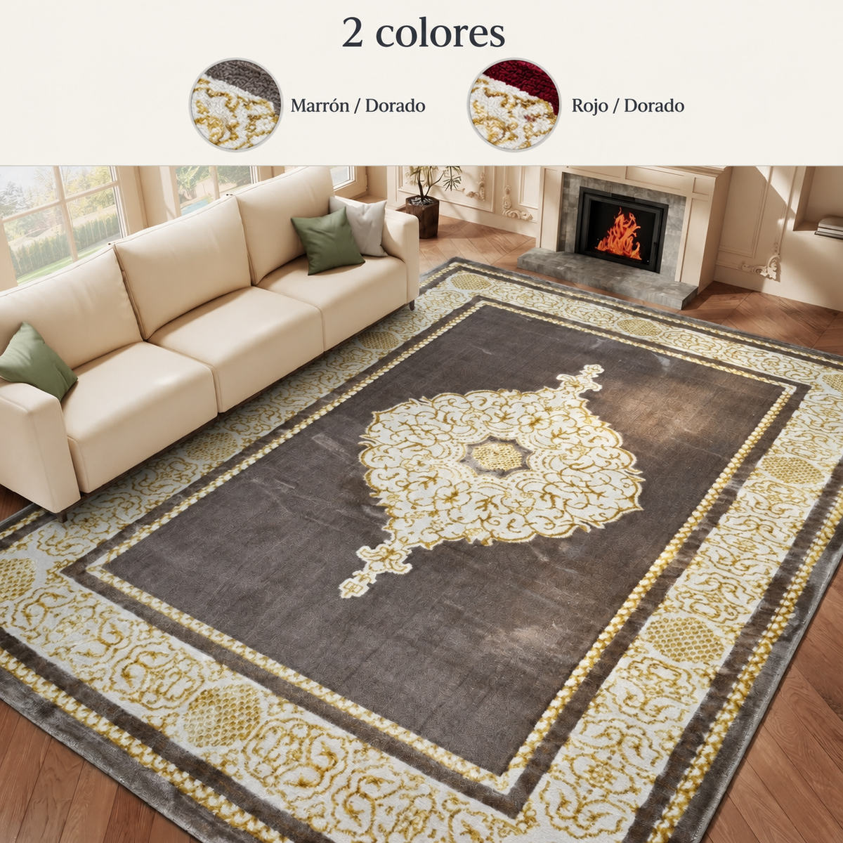 Alfombra Khanjar con Medallón y Detalles Dorados — 2 colores: Marrón / Dorado, Rojo / Dorado