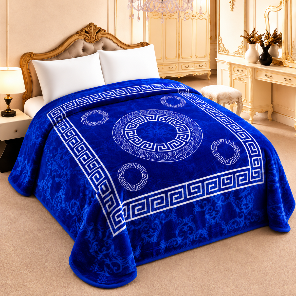 Manta Raschel greca y medallones 210 x 230 cm — azul