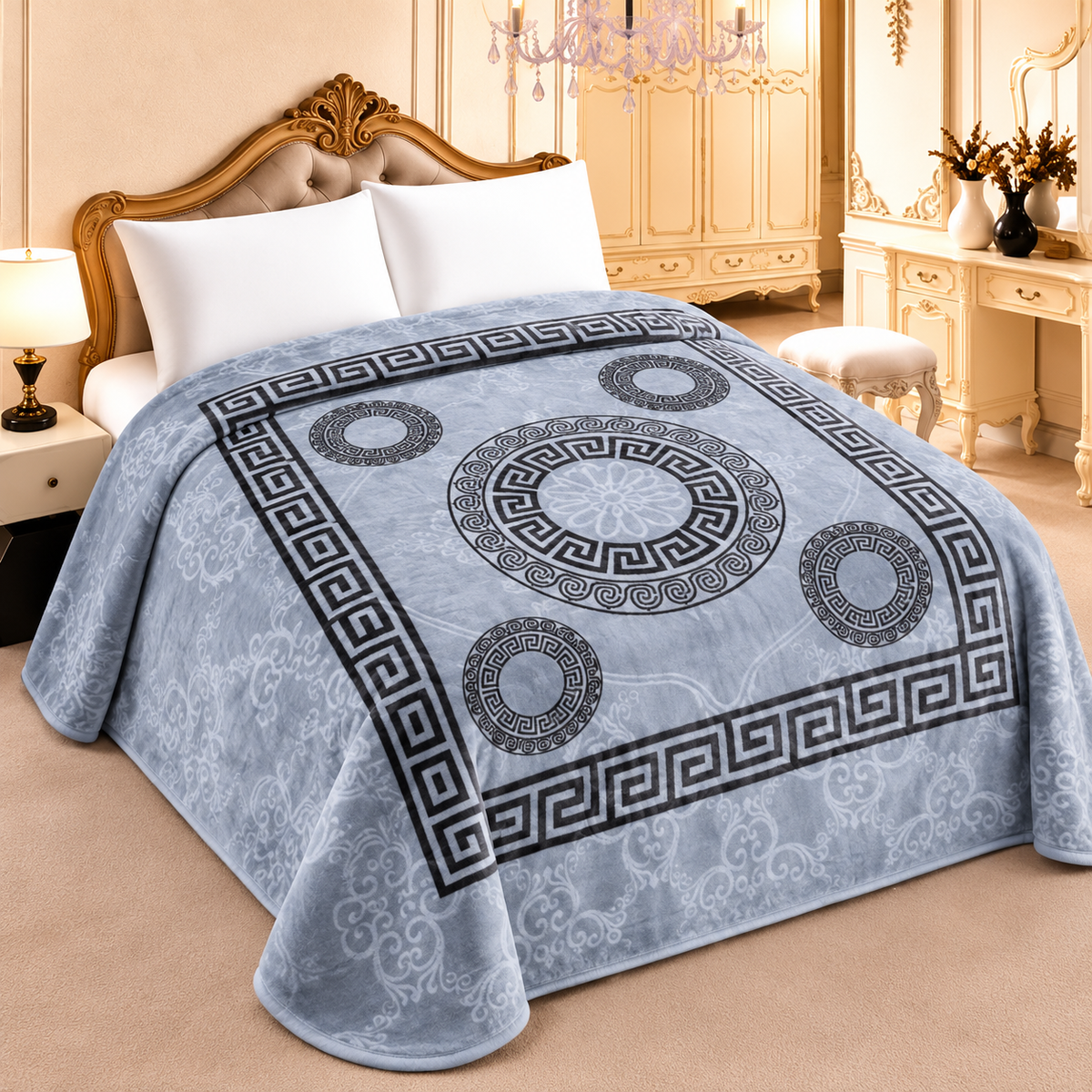 Manta Raschel greca y medallones 210 x 230 cm — gris
