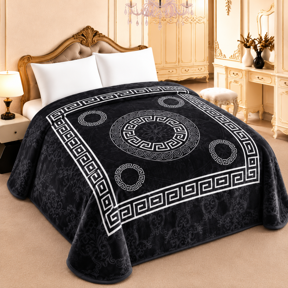 Manta Raschel greca y medallones 210 x 230 cm — negro