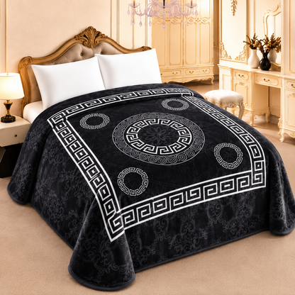 Manta Raschel greca y medallones 210 x 230 cm — negro
