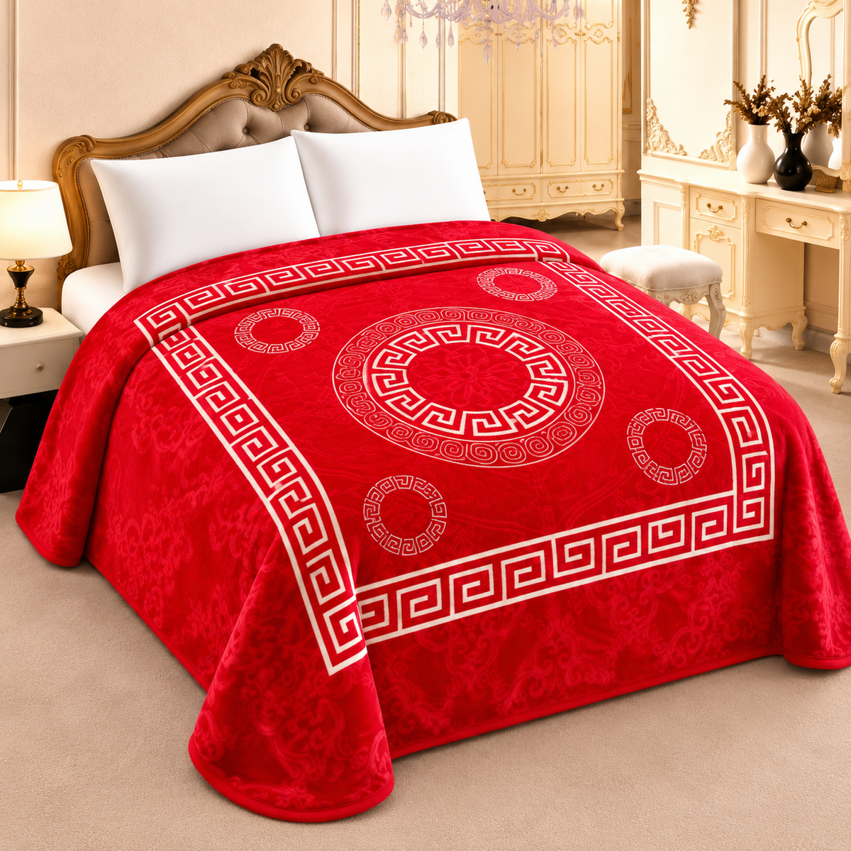 Manta Raschel greca y medallones 210 x 230 cm — rojo