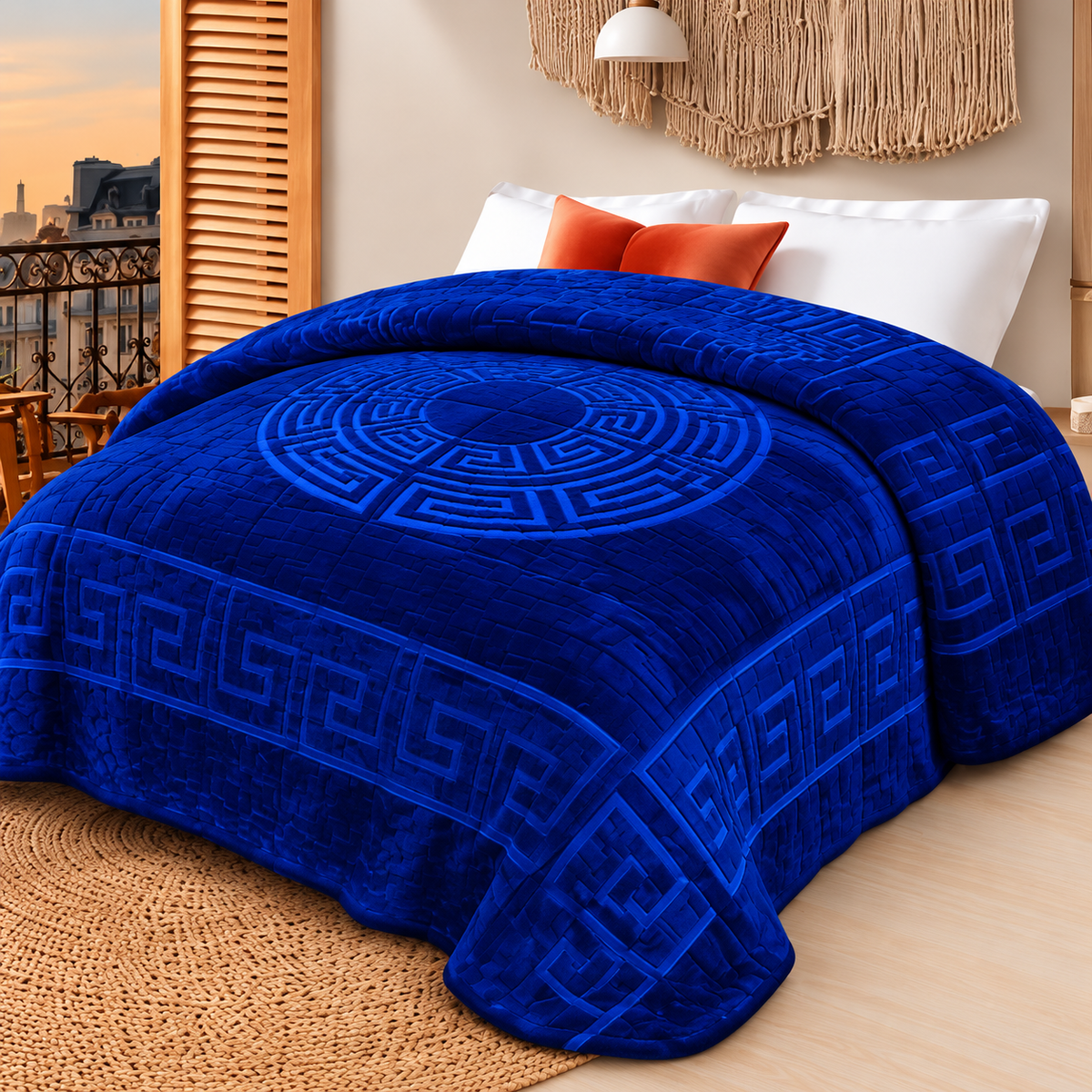 Manta Greca en relieve 210 × 230 cm — Azul rey