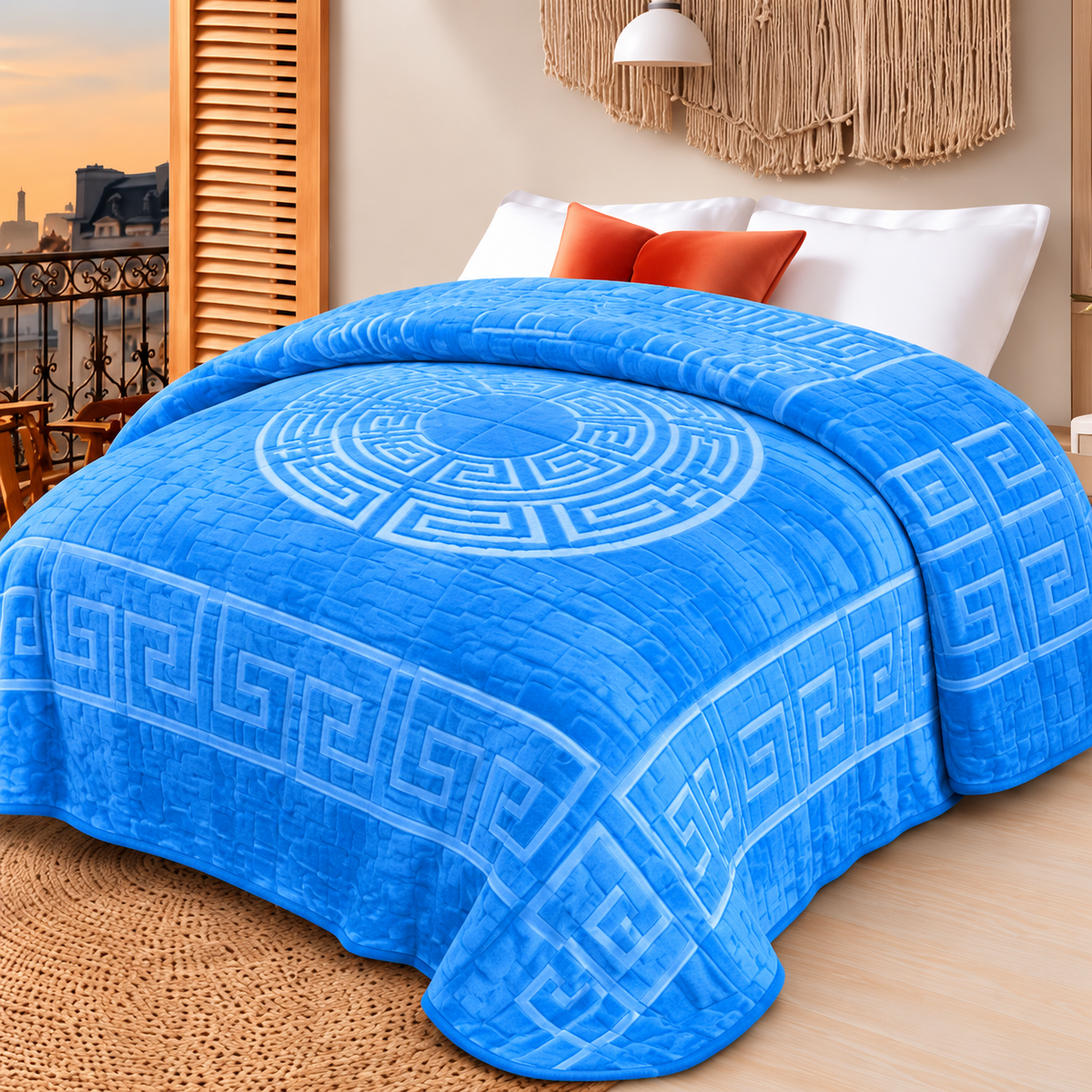 Manta Greca en relieve 210 × 230 cm — Azul cielo