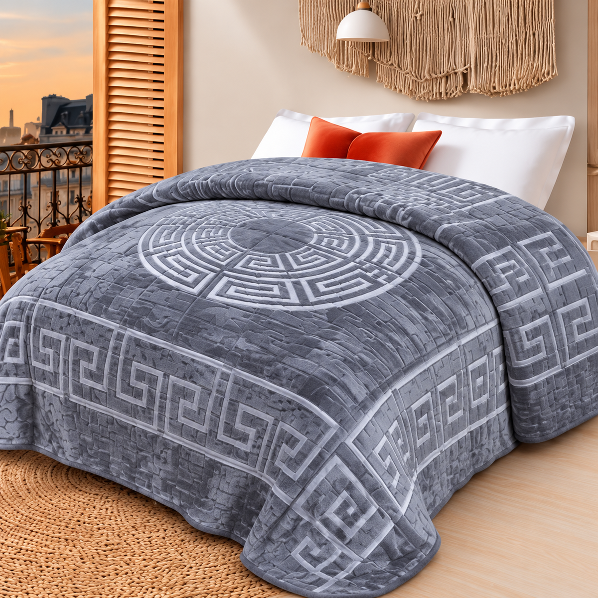 Manta Greca en relieve 210 × 230 cm — Gris oscuro