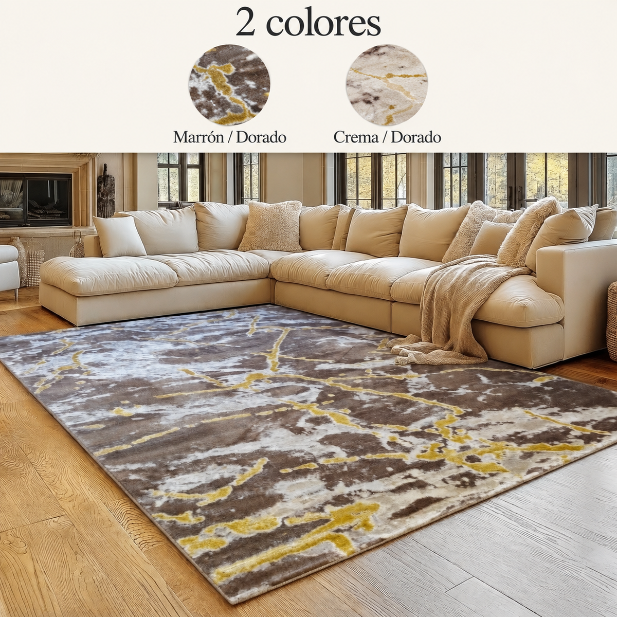 Alfombra Diseño Mármol con Detalles Dorados — 2 colores: Crema / Dorado, Marrón / Dorado