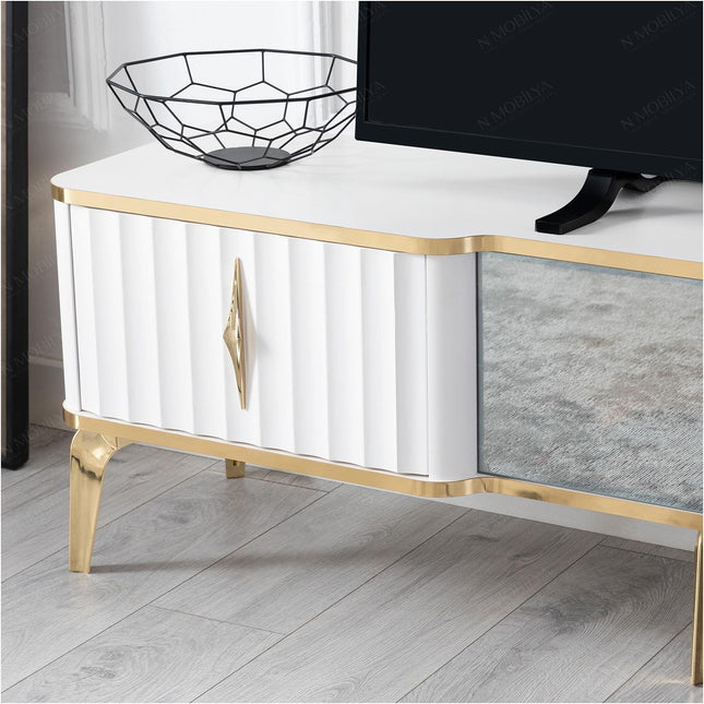 Mesa de TV com lareira digital - Branco com detalhes dourados