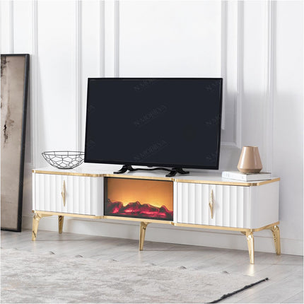 Mesa de TV con chimenea digital - COLOR BLANCO CON DETALLES EN DORADO