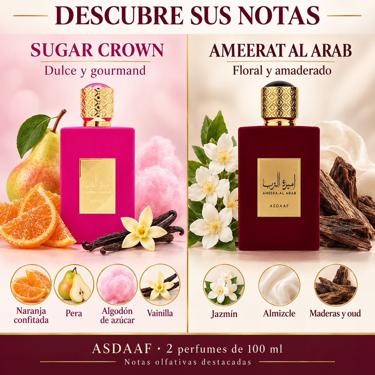 Notas olfativas de Sugar Crown y Ameerat al Arab de Asdaaf: comparativa de los dos perfumes del pack