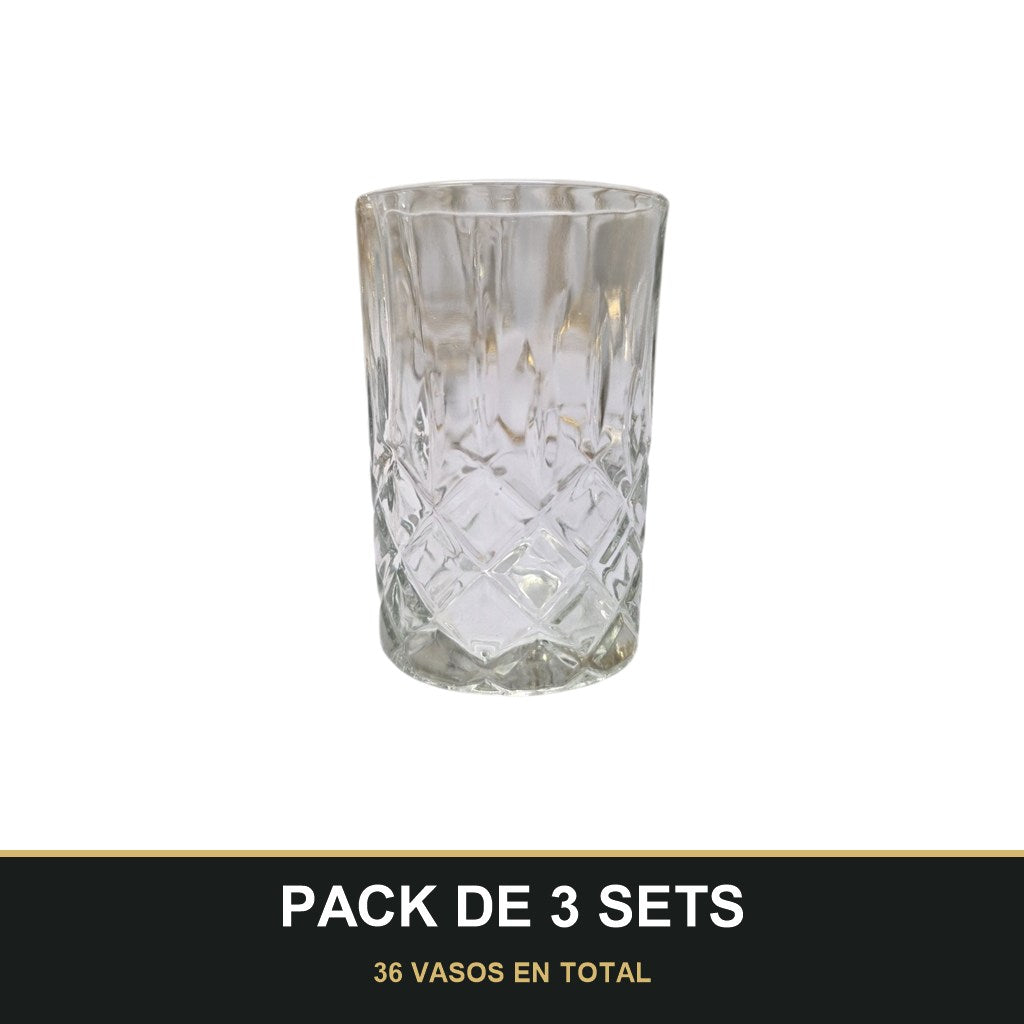 PACK DE 3 SETS — Juego de 12 Vasos de Té de Cristal Tallado – Diseño Clásico. 36 VASOS EN TOTAL