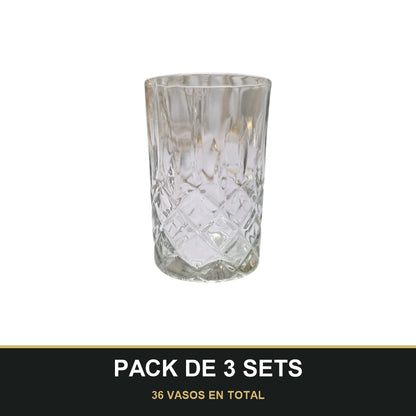 PACK DE 3 SETS — Juego de 12 Vasos de Té de Cristal Tallado – Diseño Clásico. 36 VASOS EN TOTAL