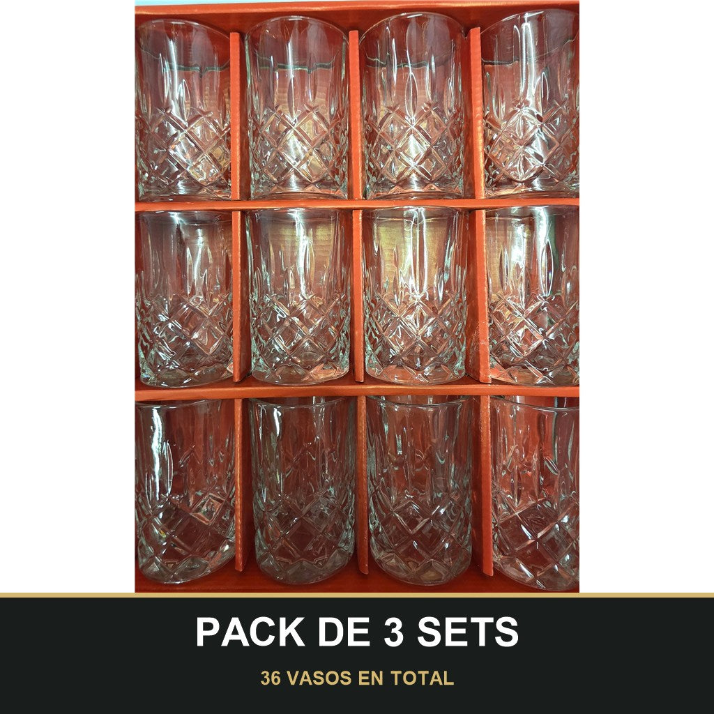 PACK DE 3 SETS — Juego de 12 Vasos de Té de Cristal Tallado – Diseño Clásico. 36 VASOS EN TOTAL