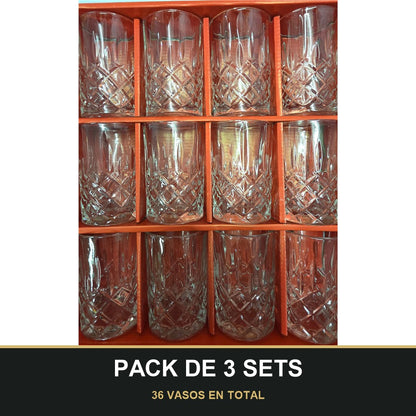 PACK DE 3 SETS — Juego de 12 Vasos de Té de Cristal Tallado – Diseño Clásico. 36 VASOS EN TOTAL