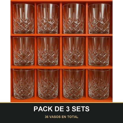 PACK DE 3 SETS — Juego de 12 Vasos de Té de Cristal Tallado – Diseño Clásico. 36 VASOS EN TOTAL