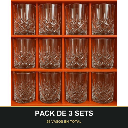 PACK DE 3 SETS — Juego de 12 Vasos de Té de Cristal Tallado – Diseño Clásico. 36 VASOS EN TOTAL