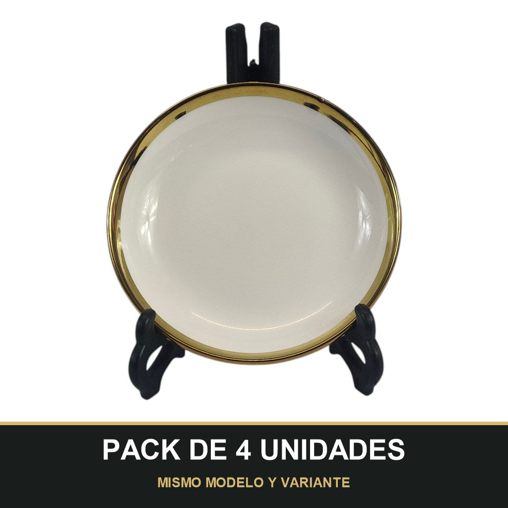 PACK DE 4 UNIDADES — Plato Hondo de Cerámica Ø15 cm – Borde Dorado Elegante. MISMO MODELO Y VARIANTE