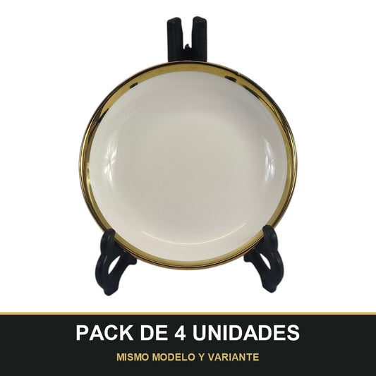 PACK DE 4 UNIDADES — Plato Hondo de Cerámica Ø15 cm – Borde Dorado Elegante. MISMO MODELO Y VARIANTE