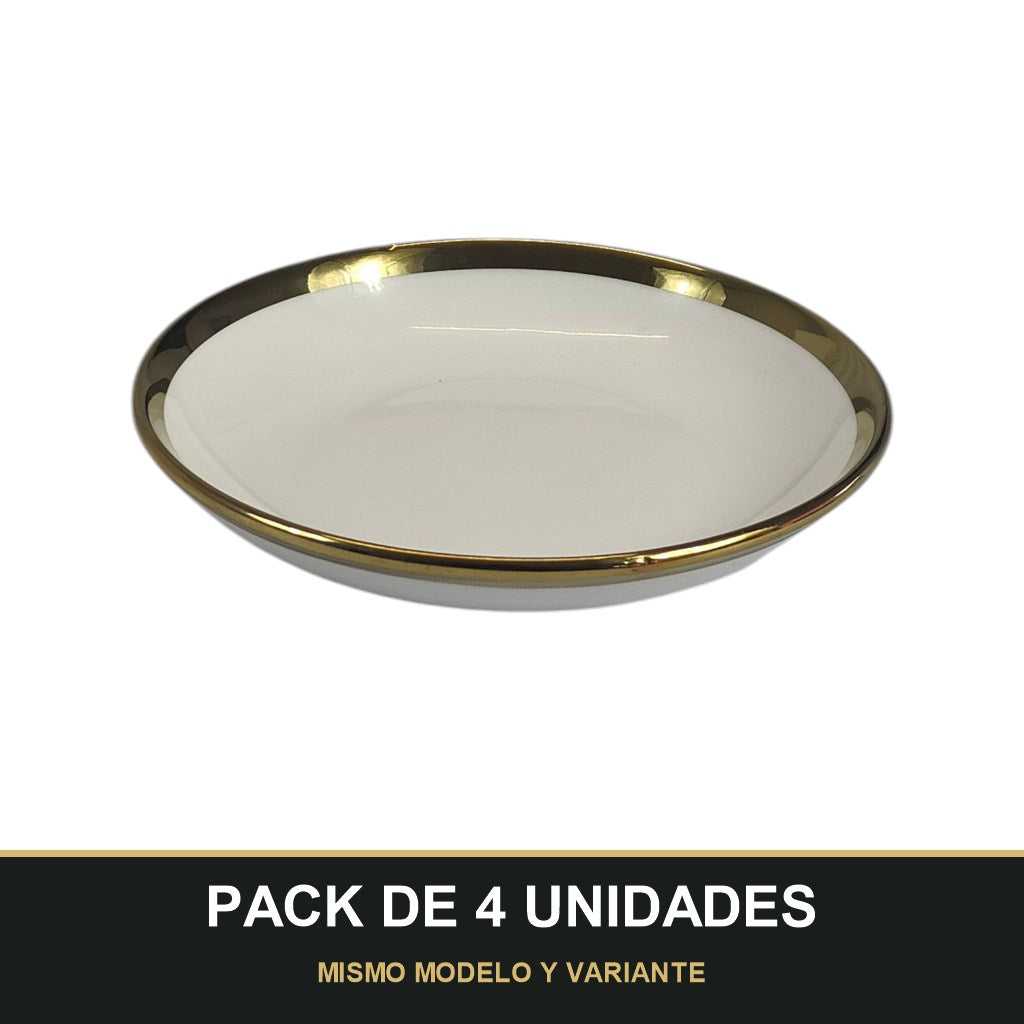 PACK DE 4 UNIDADES — Plato Hondo de Cerámica Ø15 cm – Borde Dorado Elegante. MISMO MODELO Y VARIANTE