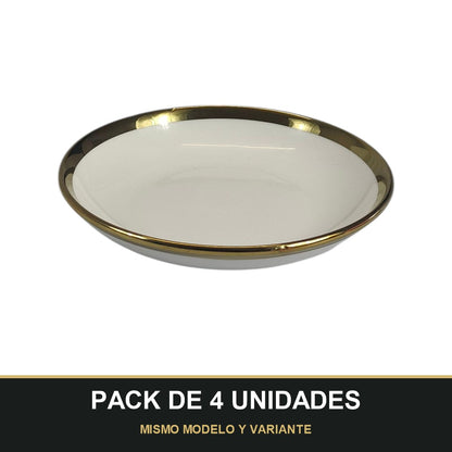PACK DE 4 UNIDADES — Plato Hondo de Cerámica Ø15 cm – Borde Dorado Elegante. MISMO MODELO Y VARIANTE