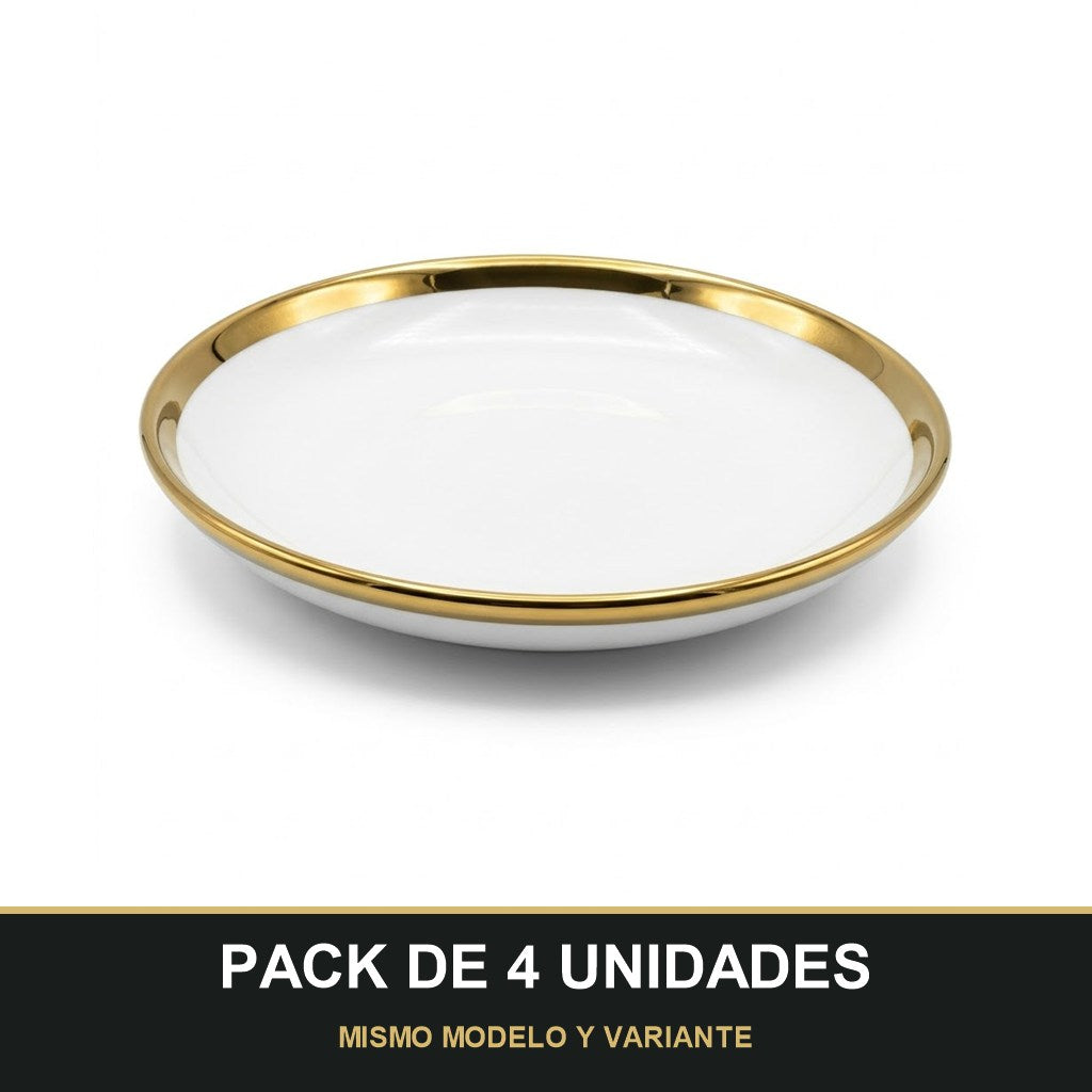 PACK DE 4 UNIDADES — Plato Hondo de Cerámica Ø15 cm – Borde Dorado Elegante. MISMO MODELO Y VARIANTE