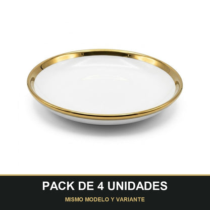 PACK DE 4 UNIDADES — Plato Hondo de Cerámica Ø15 cm – Borde Dorado Elegante. MISMO MODELO Y VARIANTE