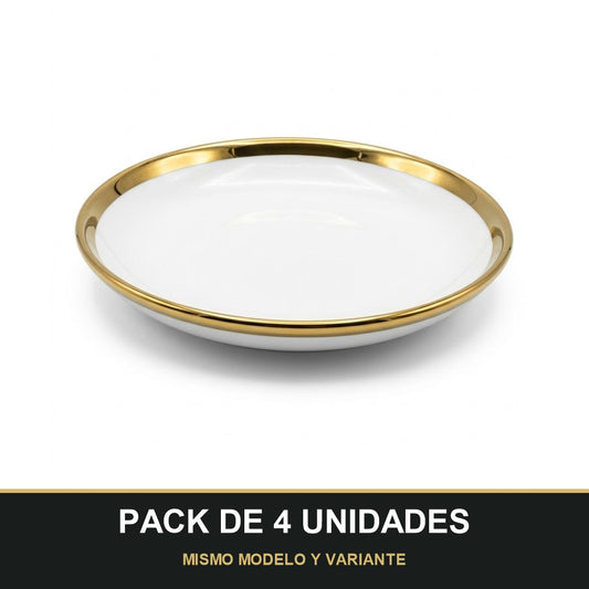 PACK DE 4 UNIDADES — Plato Hondo de Cerámica Ø15 cm – Borde Dorado Elegante. MISMO MODELO Y VARIANTE