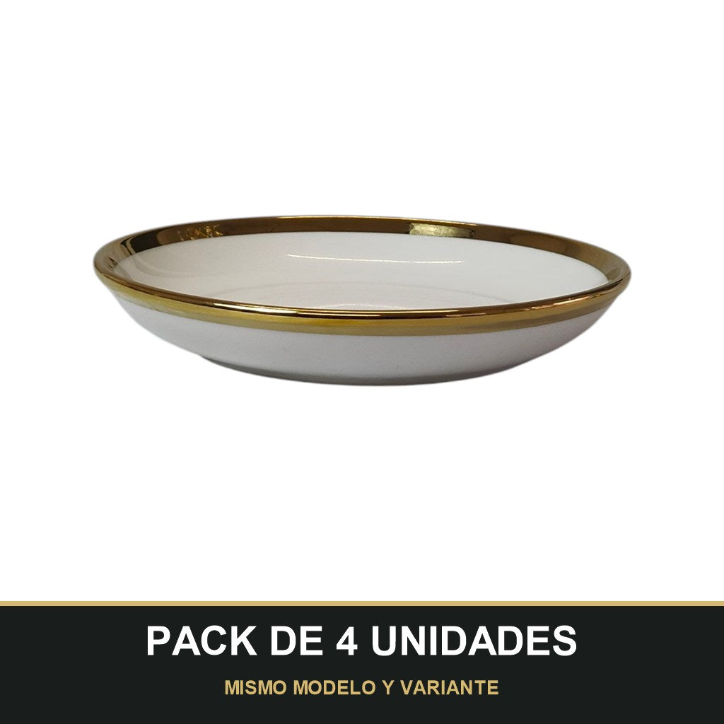 PACK DE 4 UNIDADES — Plato Decorativo Blanco con Borde Dorado – 17,5 cm. MISMO MODELO Y VARIANTE