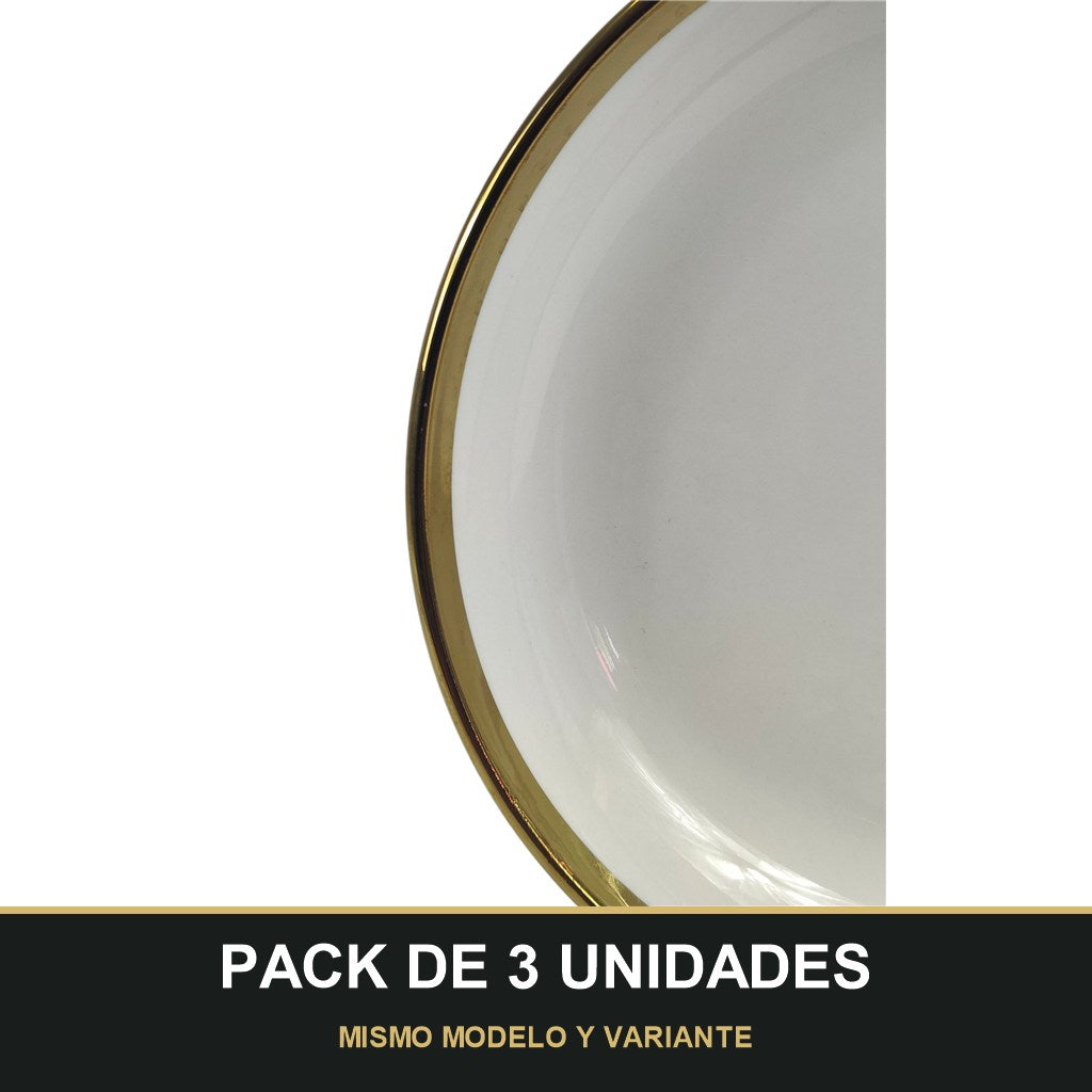 PACK DE 3 UNIDADES — Plato Hondo de Cerámica Ø20 cm – Borde Dorado Elegante. MISMO MODELO Y VARIANTE