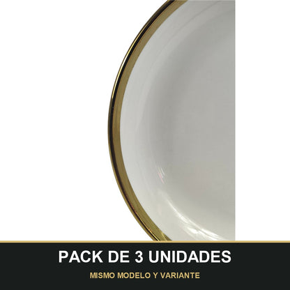 PACK DE 3 UNIDADES — Plato Hondo de Cerámica Ø20 cm – Borde Dorado Elegante. MISMO MODELO Y VARIANTE