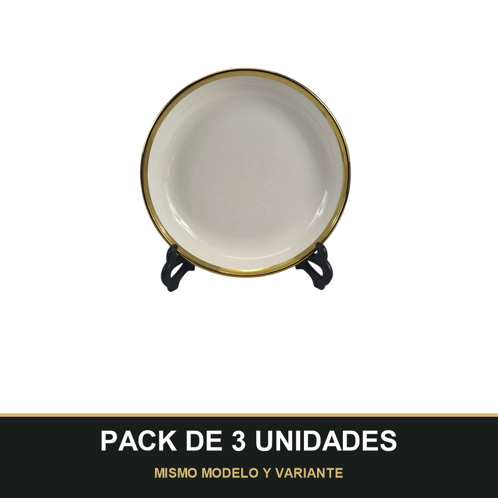PACK DE 3 UNIDADES — Plato Hondo de Cerámica Ø20 cm – Borde Dorado Elegante. MISMO MODELO Y VARIANTE