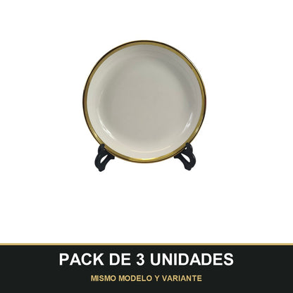PACK DE 3 UNIDADES — Plato Hondo de Cerámica Ø20 cm – Borde Dorado Elegante. MISMO MODELO Y VARIANTE