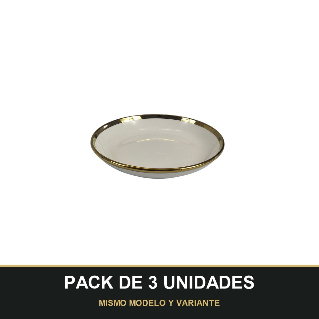 PACK DE 3 UNIDADES — Plato Hondo de Cerámica Ø20 cm – Borde Dorado Elegante. MISMO MODELO Y VARIANTE