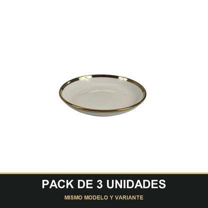 PACK DE 3 UNIDADES — Plato Hondo de Cerámica Ø20 cm – Borde Dorado Elegante. MISMO MODELO Y VARIANTE