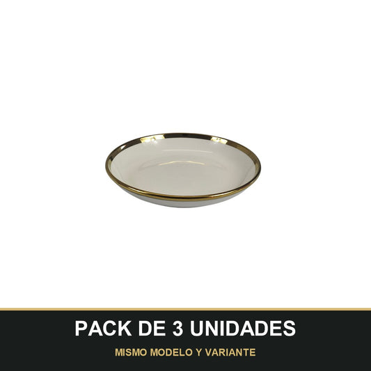 PACK DE 3 UNIDADES — Plato Hondo de Cerámica Ø20 cm – Borde Dorado Elegante. MISMO MODELO Y VARIANTE