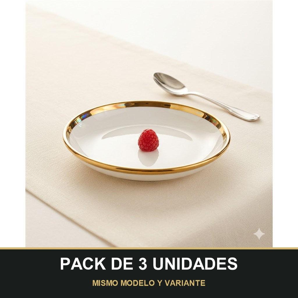 PACK DE 3 UNIDADES — Plato Hondo de Cerámica Ø20 cm – Borde Dorado Elegante. MISMO MODELO Y VARIANTE