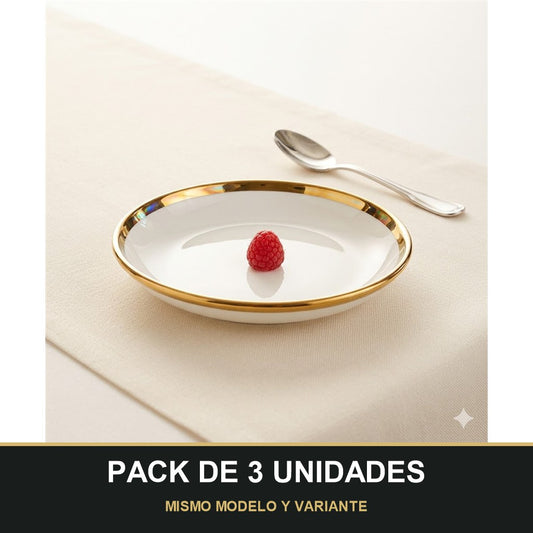 PACK DE 3 UNIDADES — Plato Hondo de Cerámica Ø20 cm – Borde Dorado Elegante. MISMO MODELO Y VARIANTE