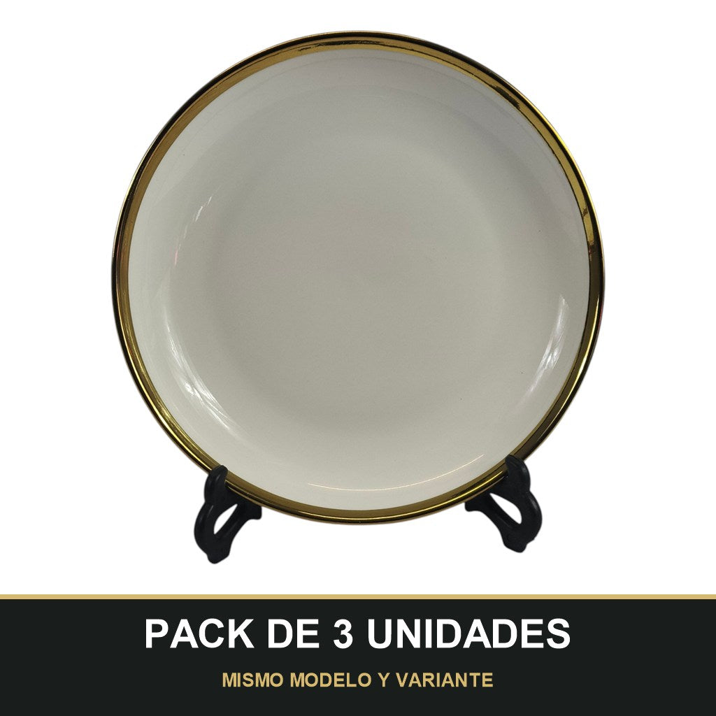 PACK DE 3 UNIDADES — Plato Hondo de Cerámica Ø23 cm – Borde Dorado Elegante. MISMO MODELO Y VARIANTE